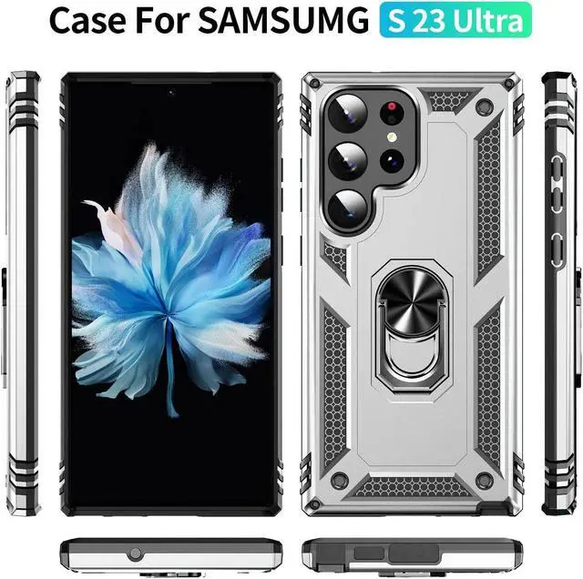 Alt view image 4 of 7 - Military Grade Hybrid Case with Ring Grip for Samsung Galaxy S23 Ultra - Silver