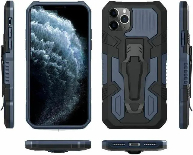 Alt view image 7 of 7 - Military Grade Hybrid Armor Case with Integrated Belt Clip and Kickstand for iPhone 14 Pro - Navy Blue
