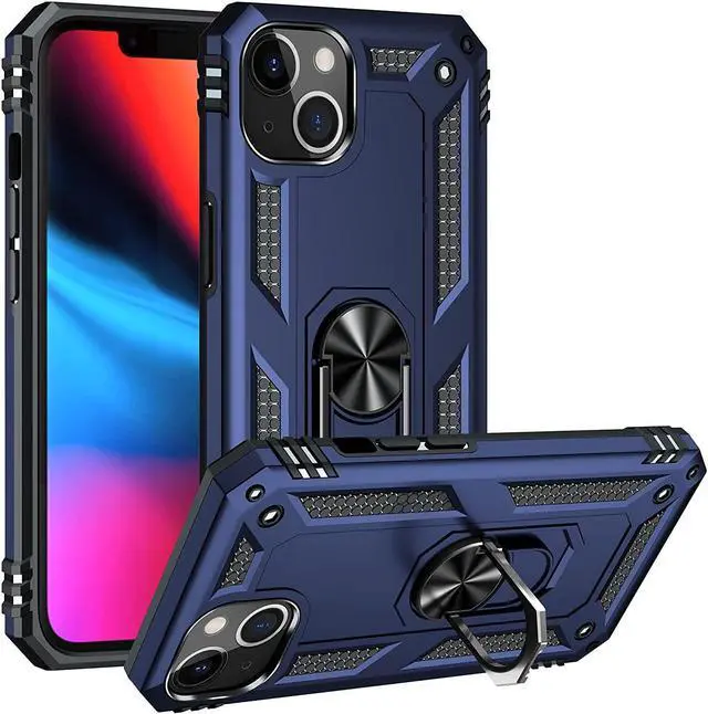 Alt view image 4 of 7 - Military Grade Finger Loop Case with 360° Rotating Ring Grip Kickstand + Tempered Glass Screen and Camera Lens Protector for iPhone 14 - Navy Blue
