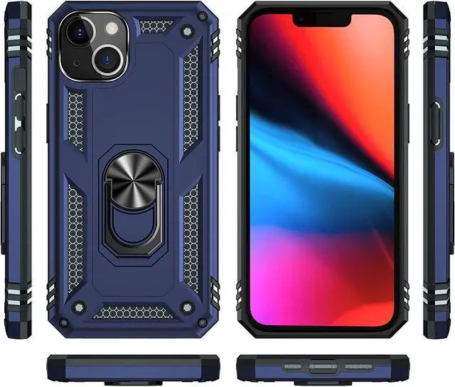 Alt view image 3 of 7 - Military Grade Finger Loop Case with 360° Rotating Ring Grip Kickstand + Tempered Glass Screen and Camera Lens Protector for iPhone 14 - Navy Blue