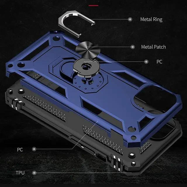 Alt view image 5 of 7 - Military Grade Finger Loop Case with 360° Rotating Ring Grip Kickstand + Tempered Glass Screen and Camera Lens Protector for iPhone 14 - Navy Blue