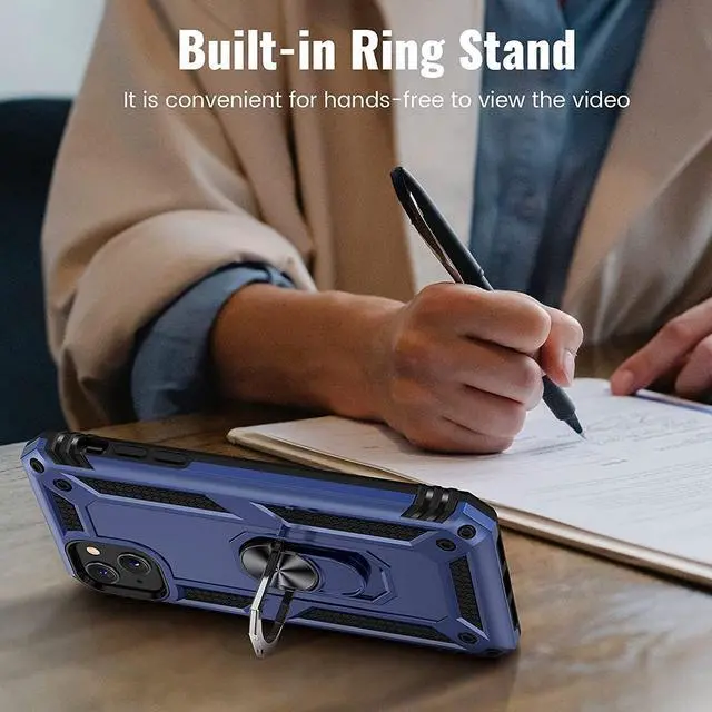 Alt view image 6 of 7 - Military Grade Finger Loop Case with 360° Rotating Ring Grip Kickstand + Tempered Glass Screen and Camera Lens Protector for iPhone 14 - Navy Blue