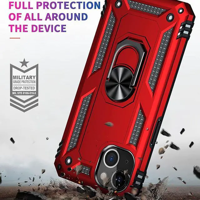 Alt view image 2 of 7 - Military Grade Finger Loop Case with 360° Rotating Ring Grip Kickstand + Tempered Glass Screen and Camera Lens Protector for iPhone 14 - Red