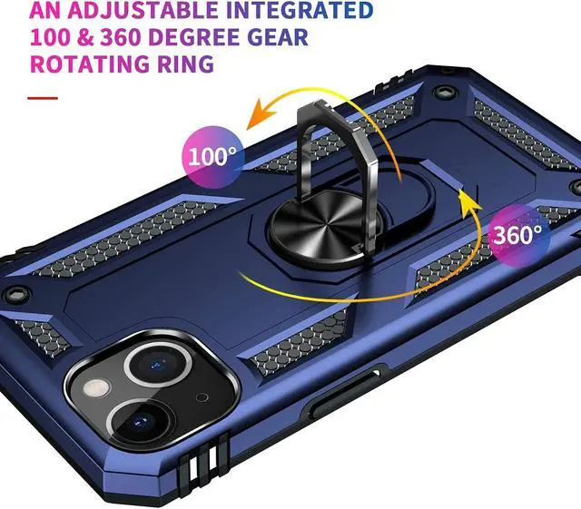 Alt view image 7 of 7 - Military Grade Finger Loop Case with 360° Rotating Ring Grip Kickstand + Tempered Glass Screen and Camera Lens Protector for iPhone 14 - Navy Blue