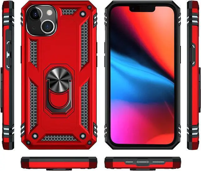 Alt view image 3 of 7 - Military Grade Finger Loop Case with 360° Rotating Ring Grip Kickstand + Tempered Glass Screen and Camera Lens Protector for iPhone 14 - Red