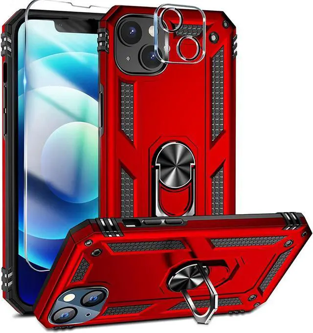Main image of Military Grade Finger Loop Case with 360° Rotating Ring Grip Kickstand + Tempered Glass Screen and Camera Lens Protector for iPhone 14 - Red