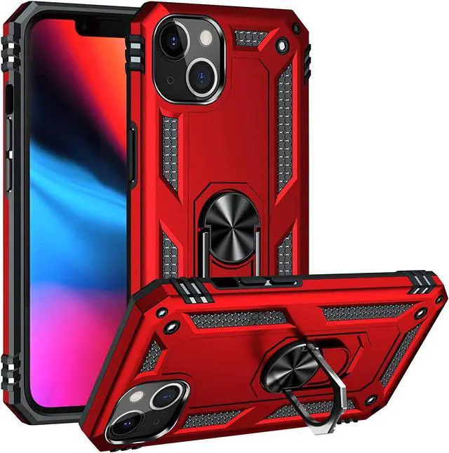 Alt view image 4 of 7 - Military Grade Finger Loop Case with 360° Rotating Ring Grip Kickstand + Tempered Glass Screen and Camera Lens Protector for iPhone 14 - Red