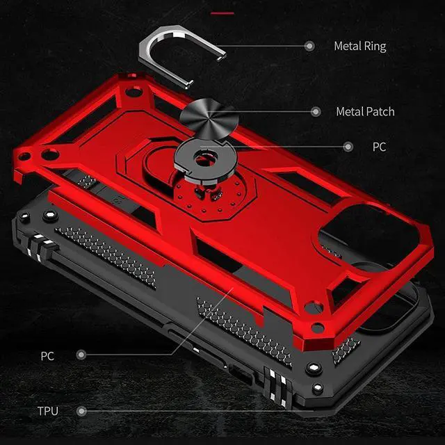 Alt view image 5 of 7 - Military Grade Finger Loop Case with 360° Rotating Ring Grip Kickstand + Tempered Glass Screen and Camera Lens Protector for iPhone 14 - Red