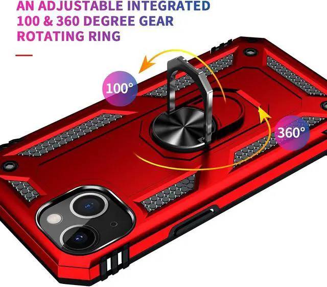 Alt view image 7 of 7 - Military Grade Finger Loop Case with 360° Rotating Ring Grip Kickstand + Tempered Glass Screen and Camera Lens Protector for iPhone 14 - Red