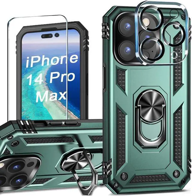 Main image of Military Grade Finger Loop Case with 360° Rotating Ring Grip Kickstand + Tempered Glass Screen and Camera Lens Protector for iPhone 14 Pro Max - Green