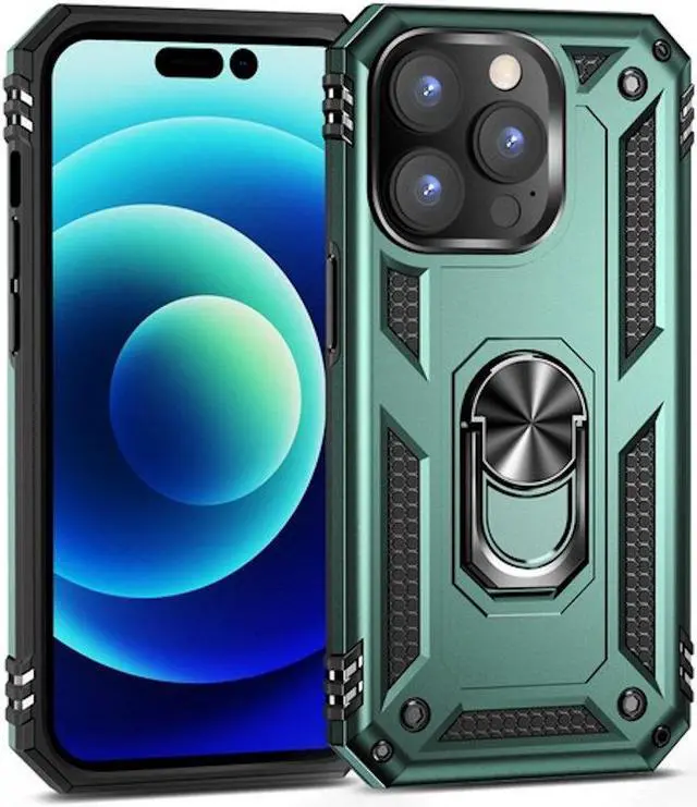 Alt view image 3 of 7 - Military Grade Finger Loop Case with 360° Rotating Ring Grip Kickstand + Tempered Glass Screen and Camera Lens Protector for iPhone 14 Pro Max - Green