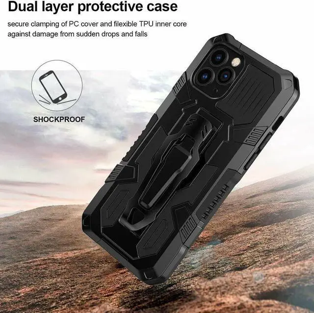 Alt view image 3 of 7 - Military Grade Hybrid Armor Case with Integrated Belt Clip and Kickstand for iPhone 14 - Black