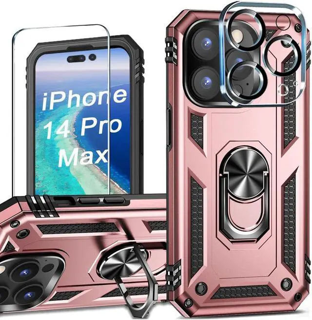 Main image of Military Grade Finger Loop Case with 360° Rotating Ring Grip Kickstand + Tempered Glass Screen and Camera Lens Protector for iPhone 14 Pro Max - Rose Gold