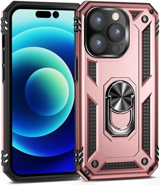 Alt view image 3 of 7 - Military Grade Finger Loop Case with 360° Rotating Ring Grip Kickstand + Tempered Glass Screen and Camera Lens Protector for iPhone 14 Pro Max - Rose Gold