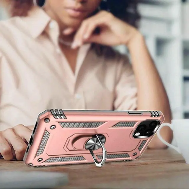 Alt view image 7 of 7 - Military Grade Finger Loop Case with 360° Rotating Ring Grip Kickstand + Tempered Glass Screen and Camera Lens Protector for iPhone 14 Pro Max - Rose Gold