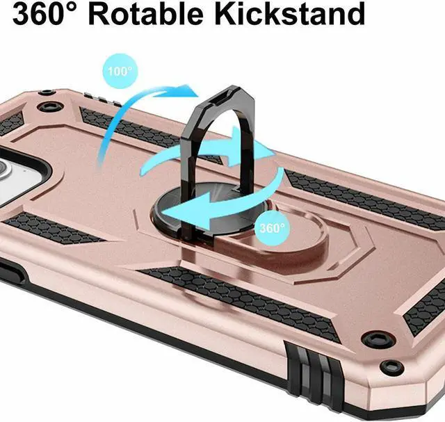 Alt view image 6 of 7 - Military Grade Finger Loop Case with 360° Rotating Ring Grip Kickstand + Tempered Glass Screen and Camera Lens Protector for iPhone 14 Pro Max - Rose Gold