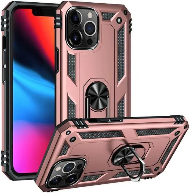 Alt view image 4 of 7 - Military Grade Finger Loop Case with 360° Rotating Ring Grip Kickstand + Tempered Glass Screen and Camera Lens Protector for iPhone 14 Pro Max - Rose Gold