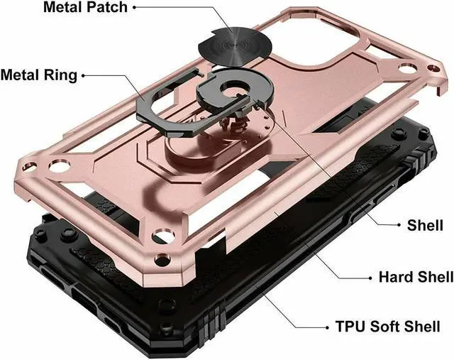 Alt view image 5 of 7 - Military Grade Finger Loop Case with 360° Rotating Ring Grip Kickstand + Tempered Glass Screen and Camera Lens Protector for iPhone 14 Pro Max - Rose Gold