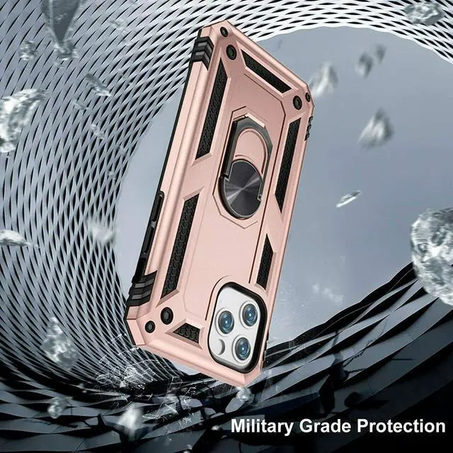 Alt view image 2 of 7 - Military Grade Finger Loop Case with 360° Rotating Ring Grip Kickstand + Tempered Glass Screen and Camera Lens Protector for iPhone 14 Pro Max - Rose Gold