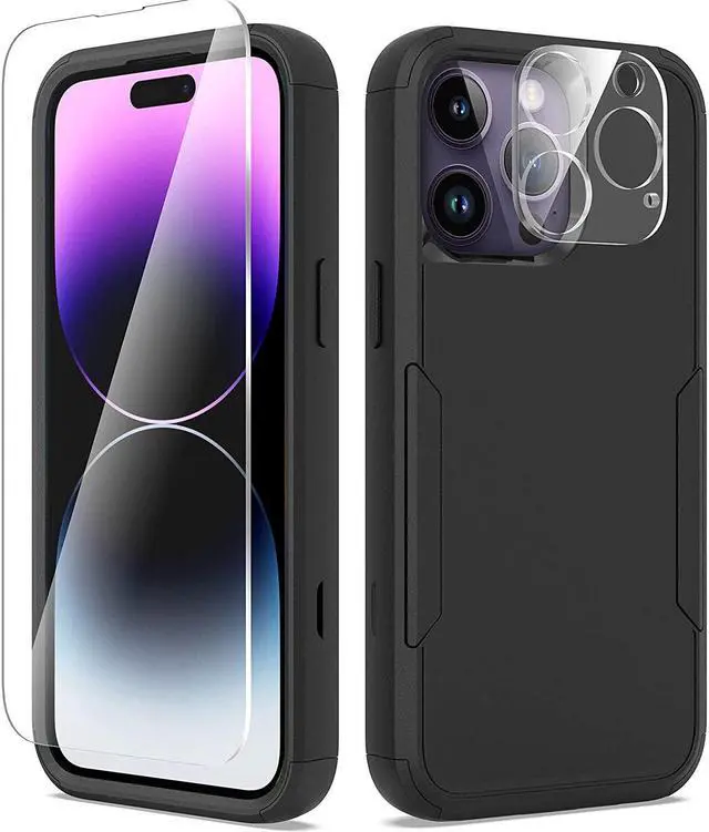 Main image of Military Grade TUFF Hybrid Armor Case + Tempered Glass Screen and Camera Lens Protector for iPhone 14 Pro - Black