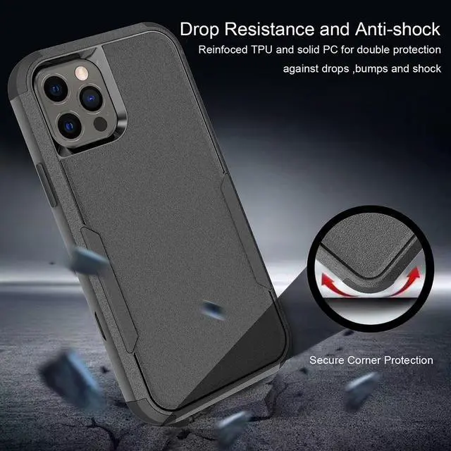 Alt view image 2 of 7 - Military Grade TUFF Hybrid Armor Case + Tempered Glass Screen and Camera Lens Protector for iPhone 14 Pro - Black