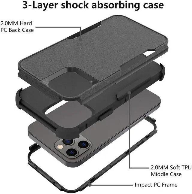 Alt view image 7 of 7 - Military Grade TUFF Hybrid Armor Case + Tempered Glass Screen and Camera Lens Protector for iPhone 14 Pro - Black