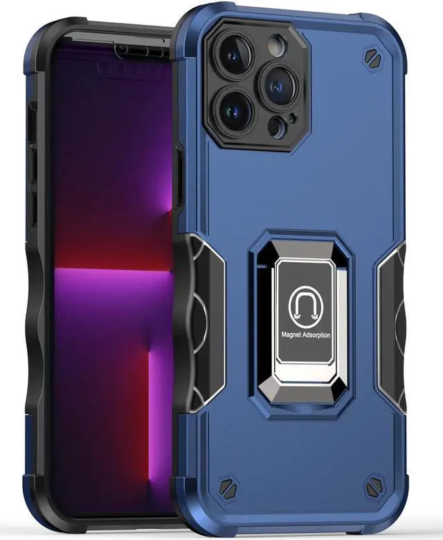 Alt view image 4 of 5 - Military Grade Shockproof Hybrid Armor Case with Ring Holder for iPhone 11 - Navy Blue