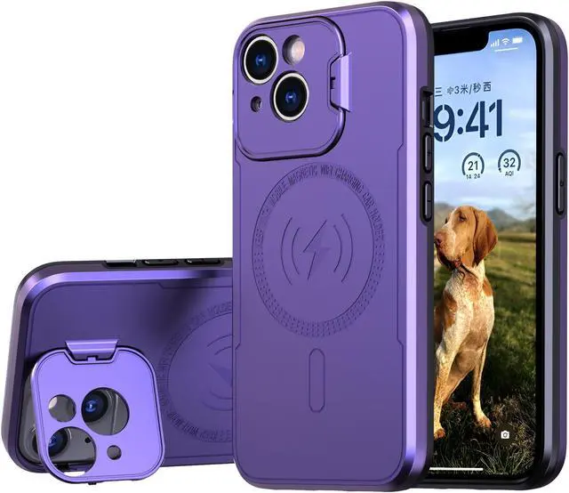 Main image of MagSafe Compatible Hybrid Case with Camera Ring Stand for iPhone 14 - Purple