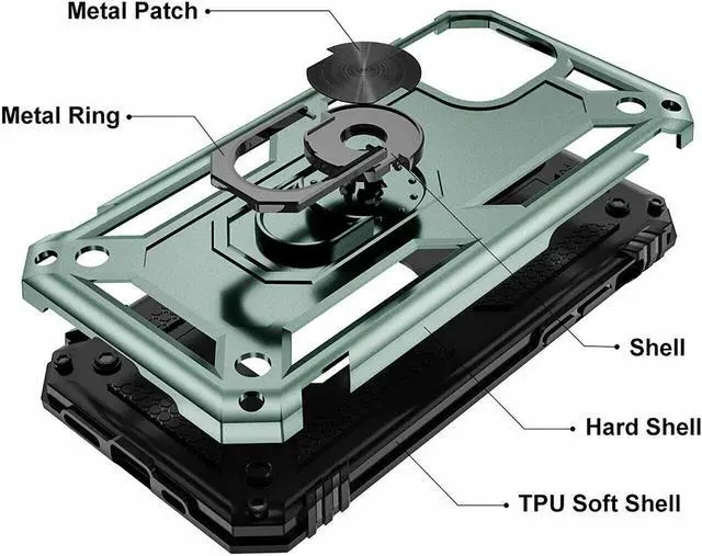 Alt view image 6 of 7 - Military Grade Finger Loop Case with 360° Rotating Ring Grip Kickstand + Tempered Glass Screen and Camera Lens Protector for iPhone 14 Pro Max - Green