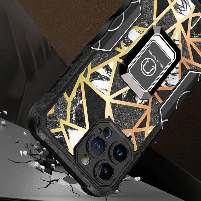 Alt view image 2 of 6 - Military Grade Shockproof Hybrid Armor Case with Ring Grip for iPhone 14 Pro - Marble Black