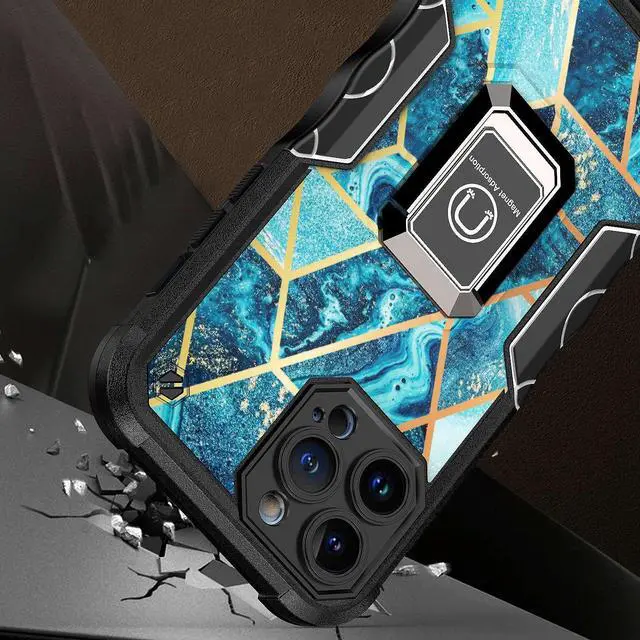 Alt view image 2 of 6 - Military Grade Shockproof Hybrid Armor Case with Ring Grip for iPhone 14 Pro - Marble Blue