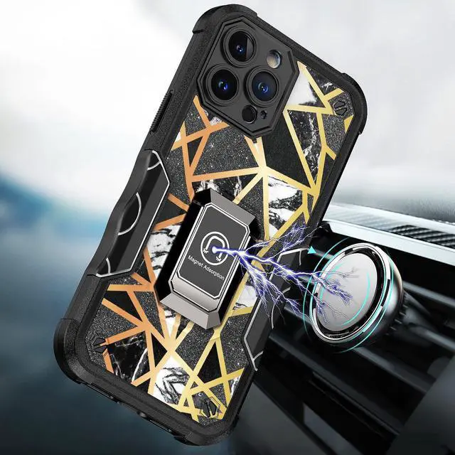 Alt view image 6 of 6 - Military Grade Shockproof Hybrid Armor Case with Ring Grip for iPhone 14 Pro - Marble Black
