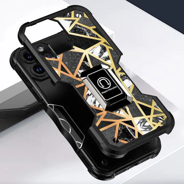 Alt view image 5 of 6 - Military Grade Shockproof Hybrid Armor Case with Ring Grip for iPhone 14 Pro - Marble Black