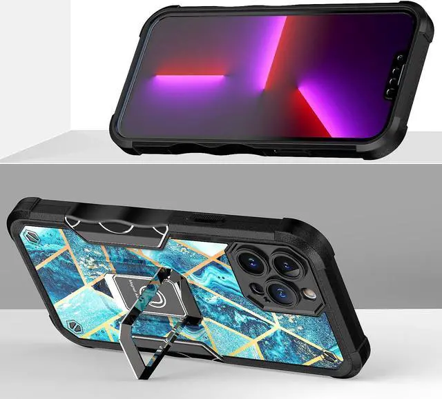 Alt view image 4 of 6 - Military Grade Shockproof Hybrid Armor Case with Ring Grip for iPhone 14 Pro - Marble Blue