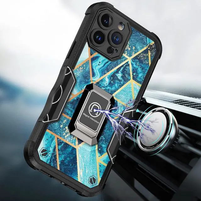 Alt view image 6 of 6 - Military Grade Shockproof Hybrid Armor Case with Ring Grip for iPhone 14 Pro - Marble Blue