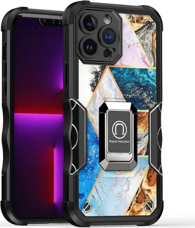 Main image of Military Grade Shockproof Hybrid Armor Case with Ring Grip for iPhone 14 Pro - Marble