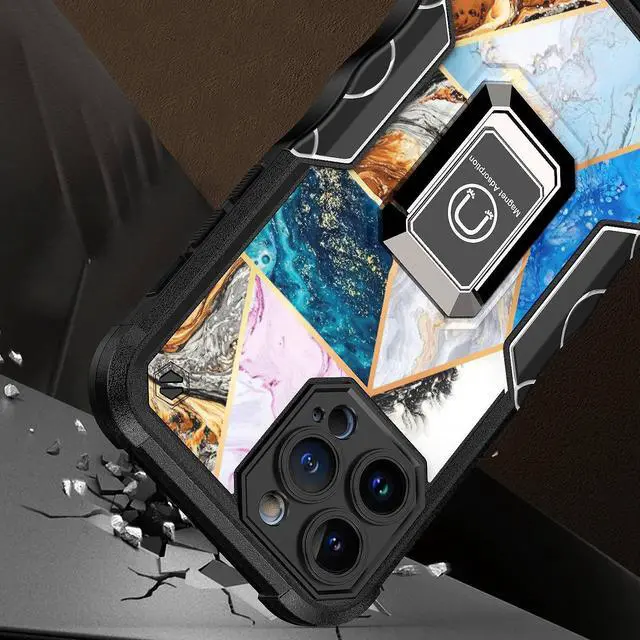 Alt view image 2 of 6 - Military Grade Shockproof Hybrid Armor Case with Ring Grip for iPhone 14 Pro - Marble
