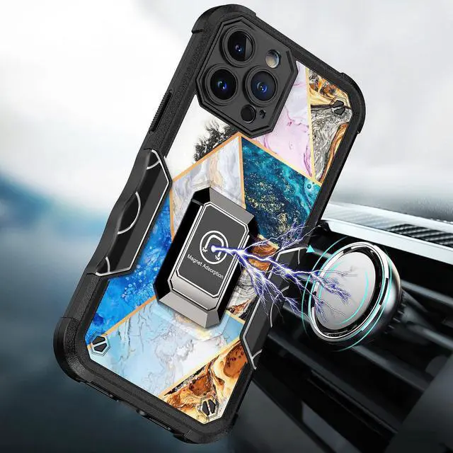Alt view image 6 of 6 - Military Grade Shockproof Hybrid Armor Case with Ring Grip for iPhone 14 Pro - Marble