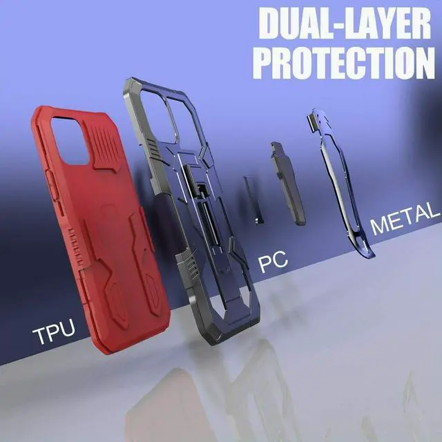 Alt view image 7 of 7 - Military Grade Hybrid Armor Case with Integrated Belt Clip and Kickstand for iPhone 14 Plus - Red