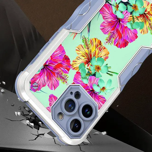Alt view image 2 of 4 - Military Grade Shockproof Hybrid Armor Case for iPhone 14 Pro - Hibiscus Flower