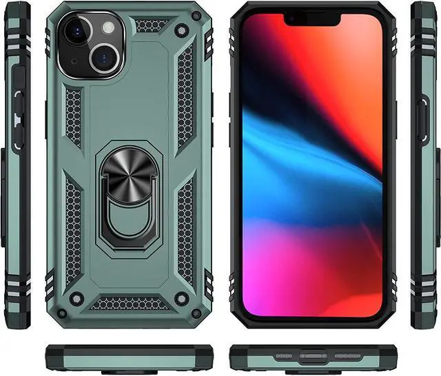 Alt view image 3 of 7 - Military Grade Finger Loop Case with 360° Rotating Ring Grip Kickstand + Tempered Glass Screen and Camera Lens Protector for iPhone 14 - Green