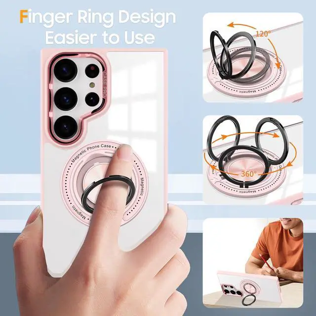 Alt view image 4 of 6 - Tough Shield Crystal Case with MagSafe Magnetic Ring Holder for Samsung Galaxy S24 Ultra - Pink