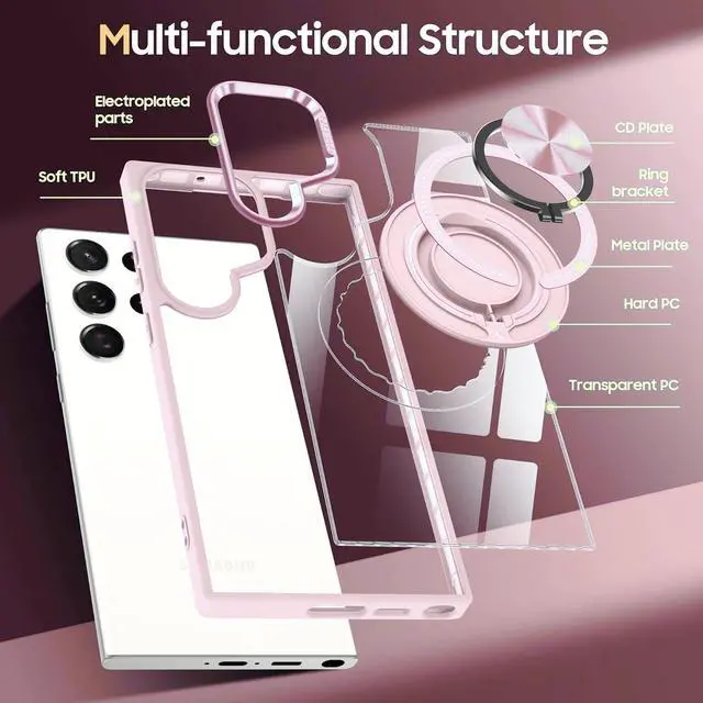 Alt view image 6 of 6 - Tough Shield Crystal Case with MagSafe Magnetic Ring Holder for Samsung Galaxy S24 Ultra - Pink