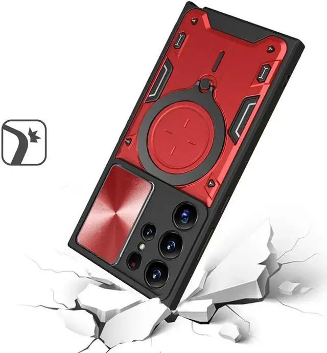 Alt view image 2 of 3 - Elite Series Hybrid Case with MagSafe Magnetic Ring Stand and Camera Lens Cover for Samsung Galaxy S24 Ultra - Red