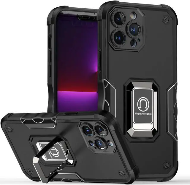 Main image of Military Grade Shockproof Hybrid Armor Case with Ring Grip for iPhone 15 - Black
