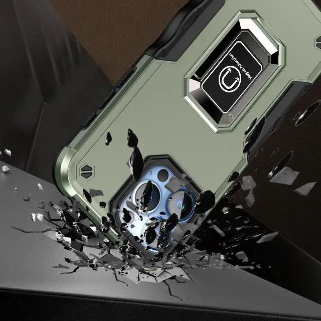 Alt view image 2 of 5 - Military Grade Shockproof Hybrid Armor Case with Ring Grip for iPhone 15 - Green