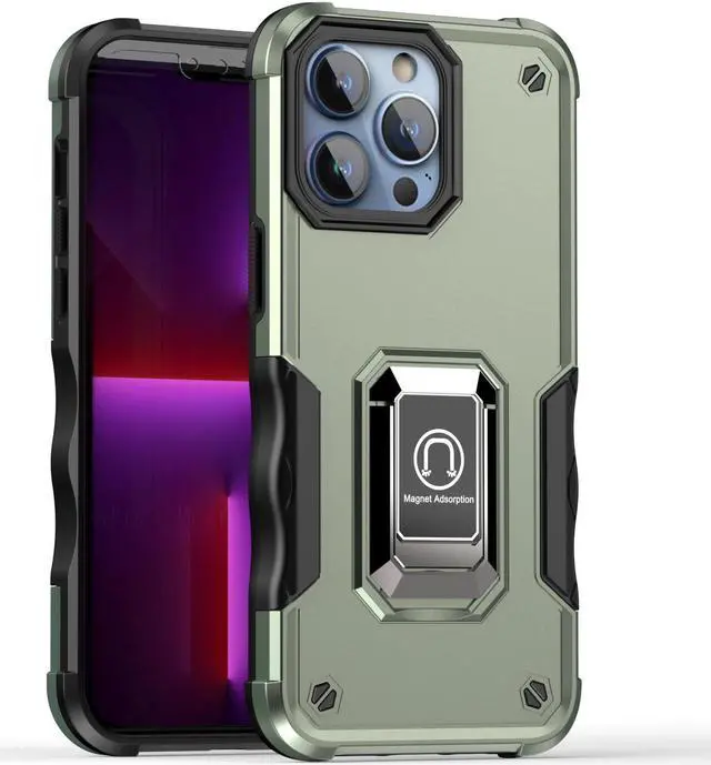 Alt view image 4 of 5 - Military Grade Shockproof Hybrid Armor Case with Ring Grip for iPhone 15 - Green