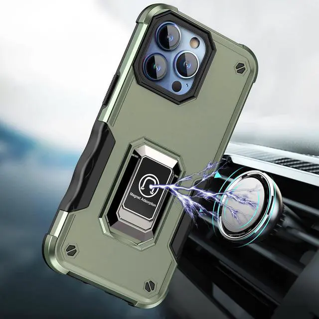 Alt view image 5 of 5 - Military Grade Shockproof Hybrid Armor Case with Ring Grip for iPhone 15 - Green