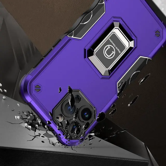 Alt view image 2 of 5 - Military Grade Shockproof Hybrid Armor Case with Ring Grip for iPhone 15 - Purple