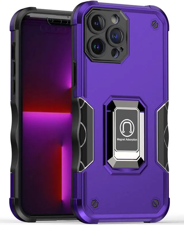 Alt view image 4 of 5 - Military Grade Shockproof Hybrid Armor Case with Ring Grip for iPhone 15 - Purple